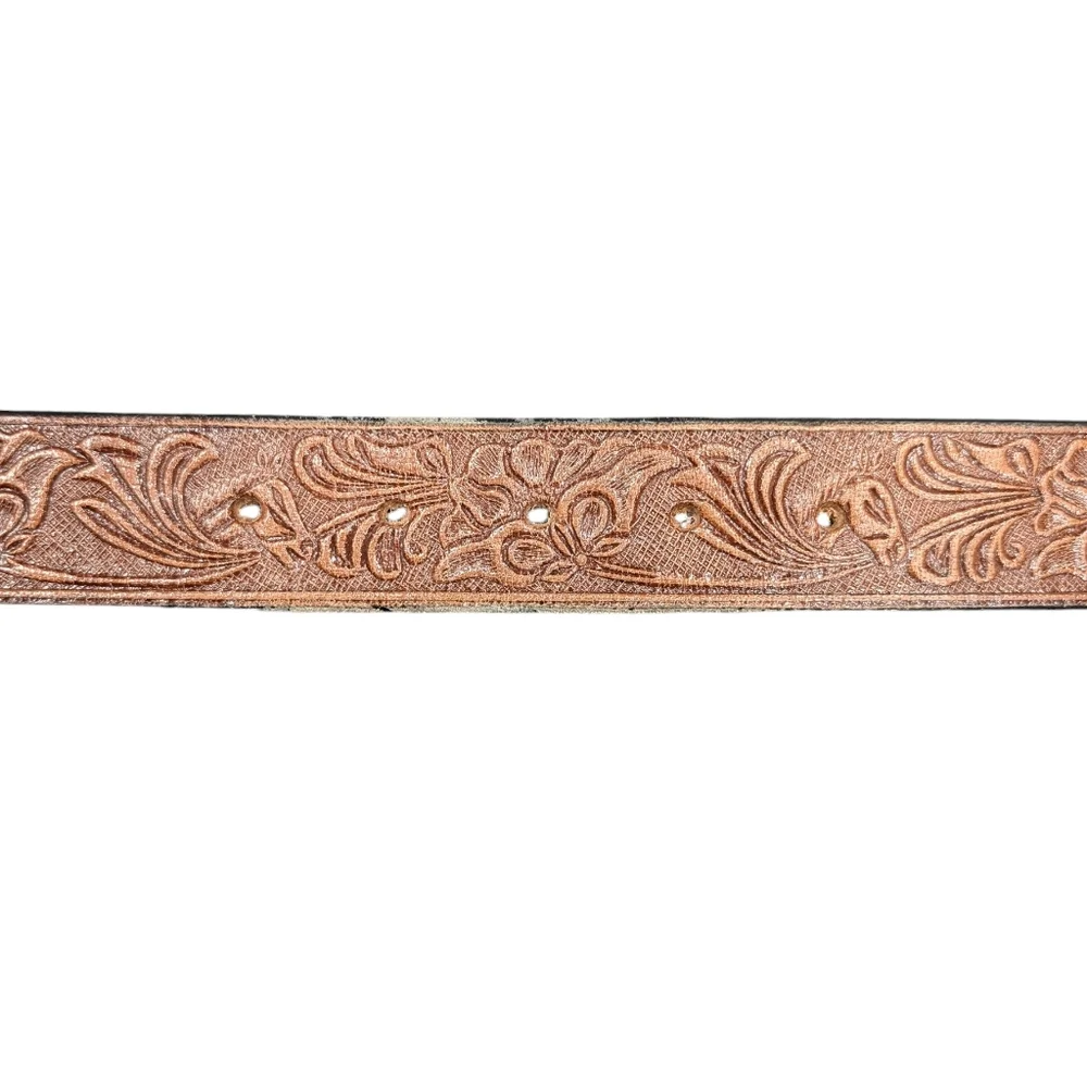 C.L. Genuine Leather Brown Embossed Floral Horse Belt Silver Buckle Size 38 - Picture 10 of 16